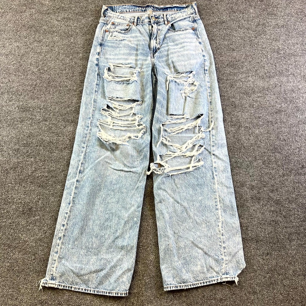 American Eagle Jeans Womens 8 Blue Super High-Rise Baggy Wide Leg Distressed